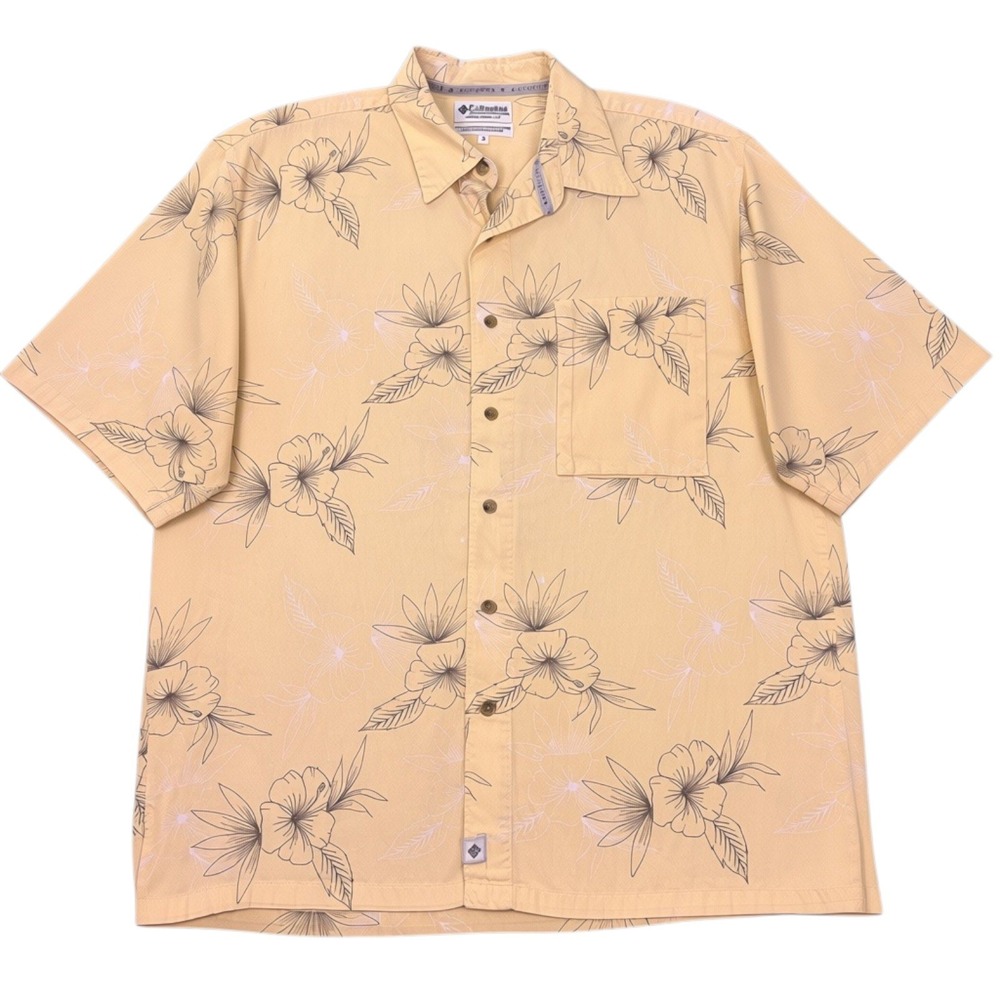 Vintage Y2K Columbia Button Down Mens M Yellow Hibiscus Floral Cotton Hawaiian